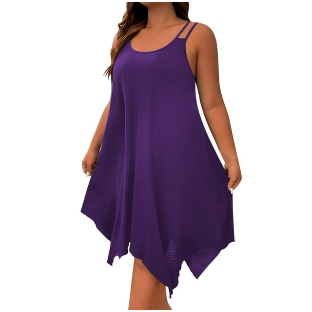 hotojiny Robes Grande Taille pour Femmes Rondes Décontractées Ourlet Mouchoir Sans Manches Tunique Fluide Hauts d'Été Col Rond Débardeurs de Plage