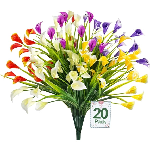 20 Bundles Calla Lily (400 Heads) for Outdoors, Fake Plants UV Resistant Faux Plastic Fake Flowers for Indoor Planter Porch Gardens Home Summer Cemetery Decor(Color Mix)