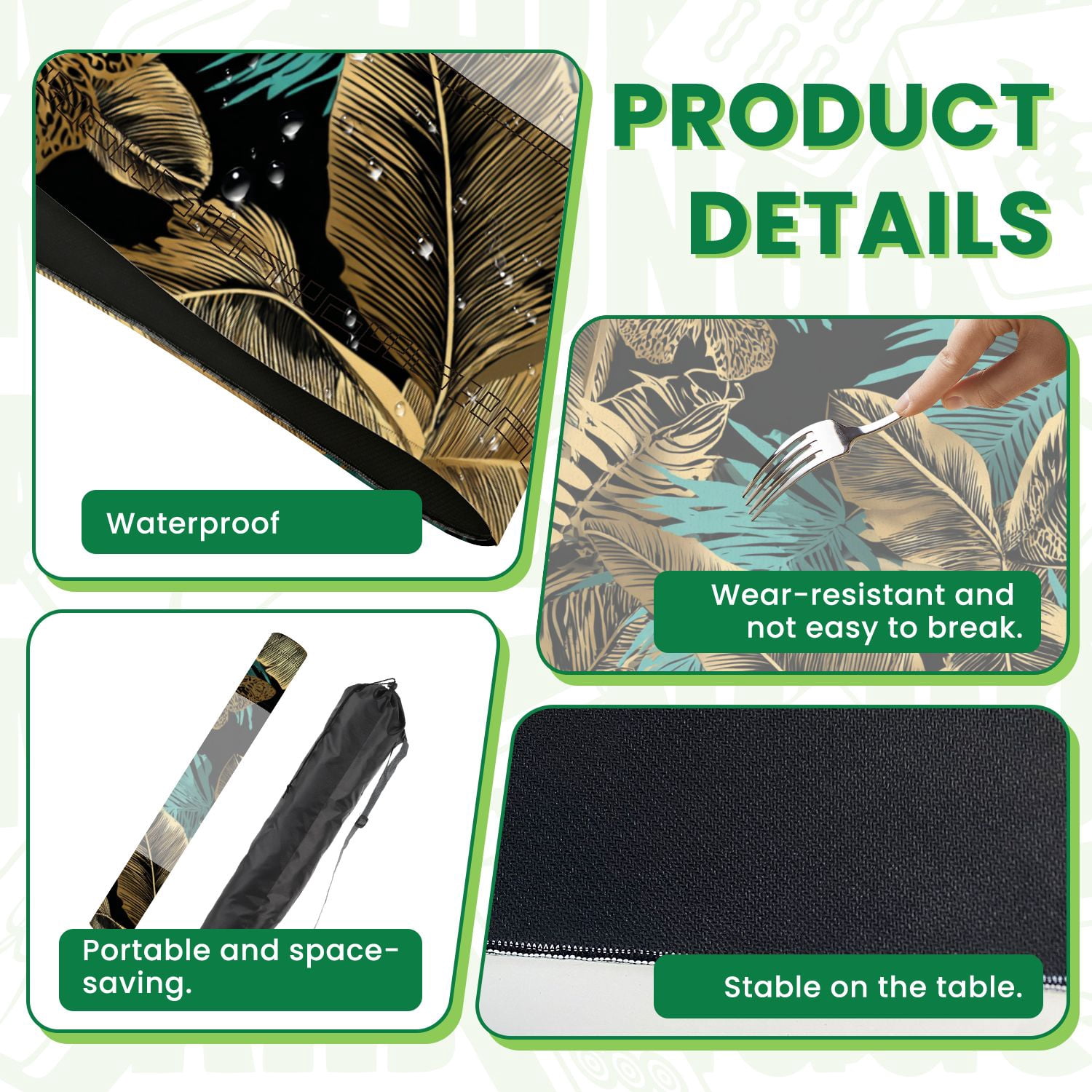 Mahjong Mat 31.5" x 31.5" Seamless Blue green Tropical banana leaves gold exotic palm Non-Slip Noise Reduction American Mahjong Tiles Table Cover for Dominoes Poker Card Board Games Gift