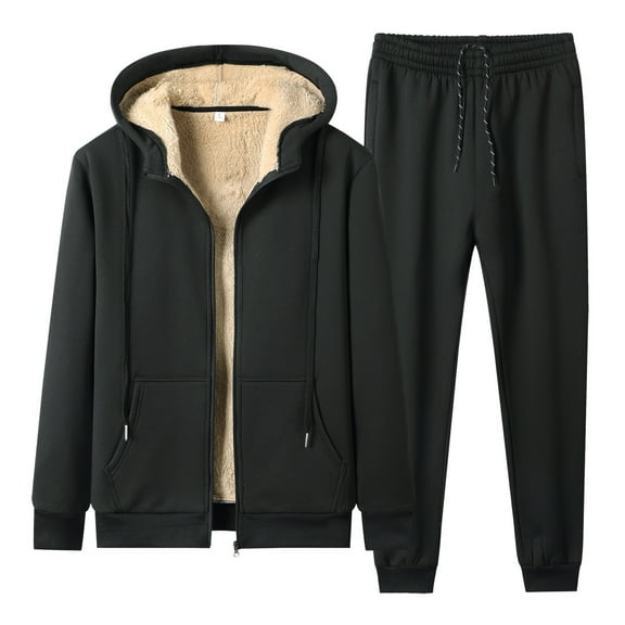 SGMVNU Men's Tracksuits Male Casual Warm Fleece Solid Two Piece Suit Zipper Pocket Hoodies Coat Drawstring Pants Set Casual Outfits for Men(Black, M)