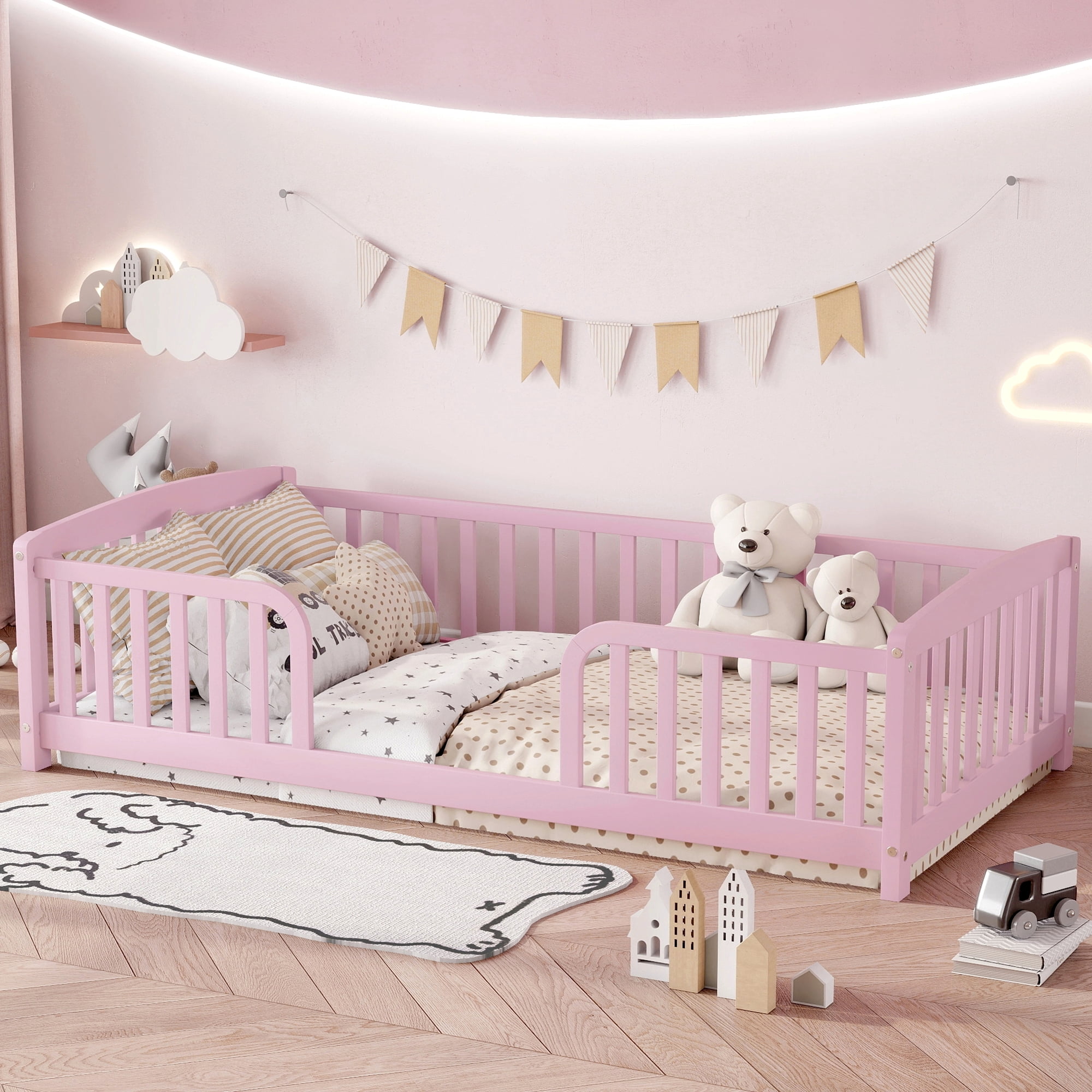 Mintazer Twin Size Toddler Floor Bed with Guardrails & Central Entrance, Pink