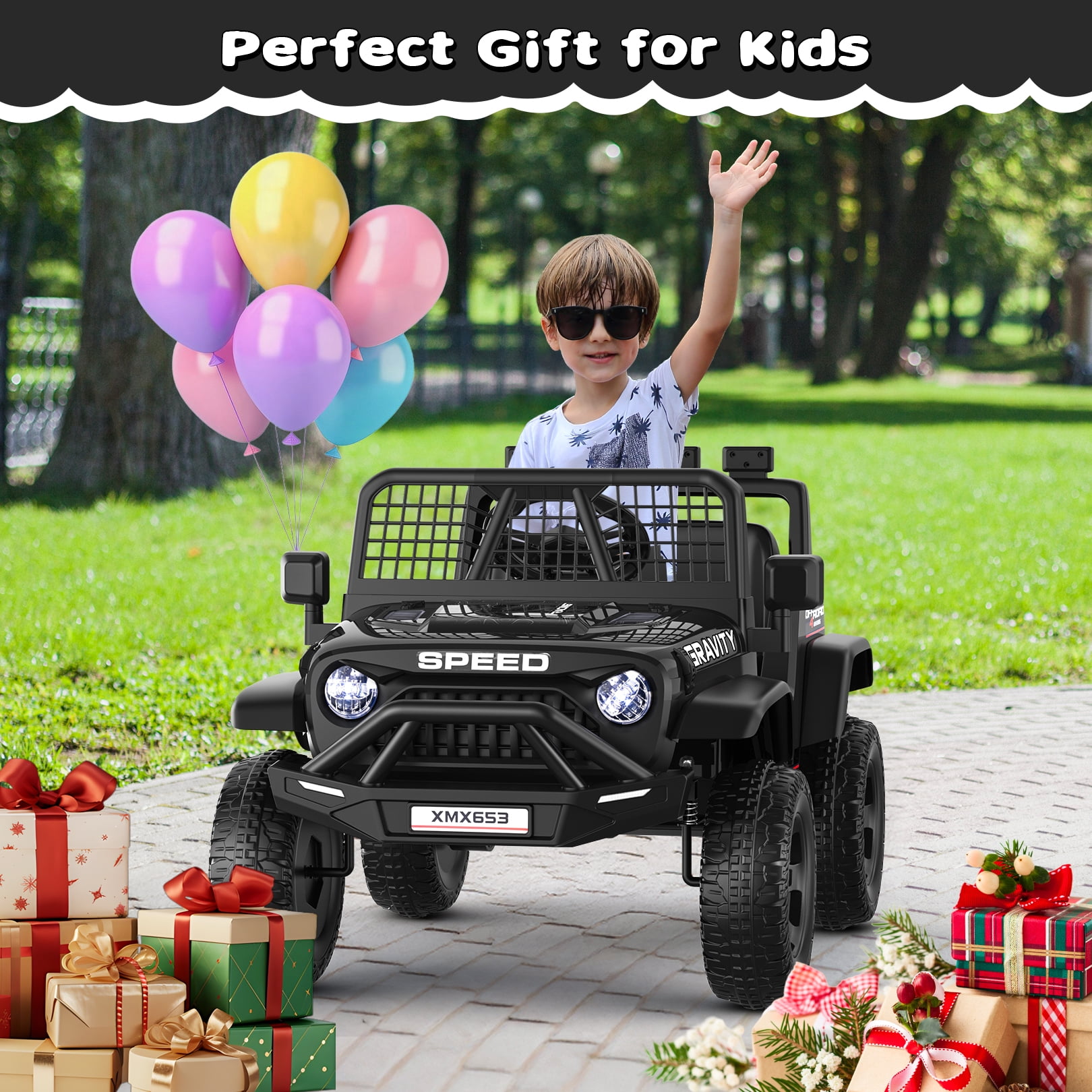 Funcid 24V Ride on Cars Truck with Remote Control, Electric Battery Powered Car with Spring Suspension, Ride on Toys for Kids, Built-in music, Cool LED Light, Bluetooth, USB, Black