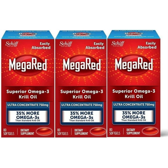 MegaRed Ultra Strength Krill Oil Omega 3 Supplement, 750mg Krill Oil – EPA & DHA & Antioxidant Astaxanthin for Heart Health, 80 Softgels, No Fish Oil Aftertaste (Pack of 3)