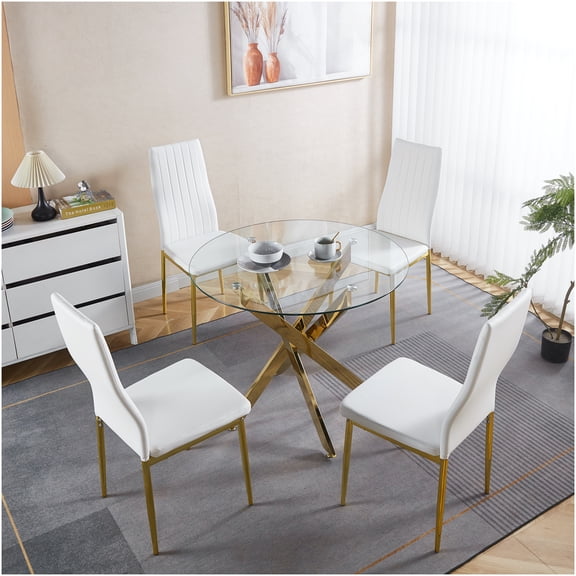 White Gold 5-Piece Dining Set with Glass Top Table & 4 Chairs, Mid-Century Modern Kitchen Table Set for 4-6 People, Compact Pedestal Dining Room Table