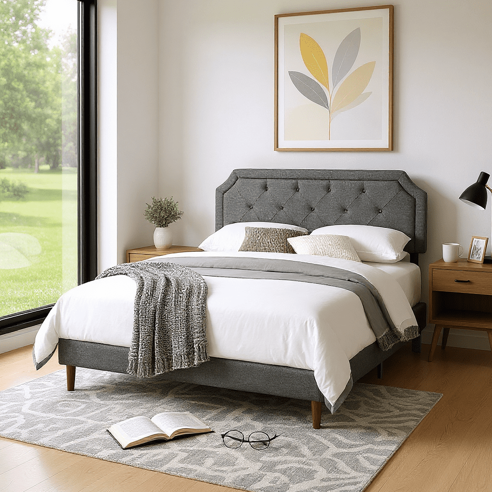 Gewnee Full Size Platform Bed Frame with Gray Upholstered Adjustable Headboard and Wood Slats.No Box Spring Required.