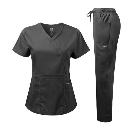 Dagacci Medical Uniform Women's Scrub Set Natural Stretch Y-Neck Stitch Tape Top and Pants (Black,Large)