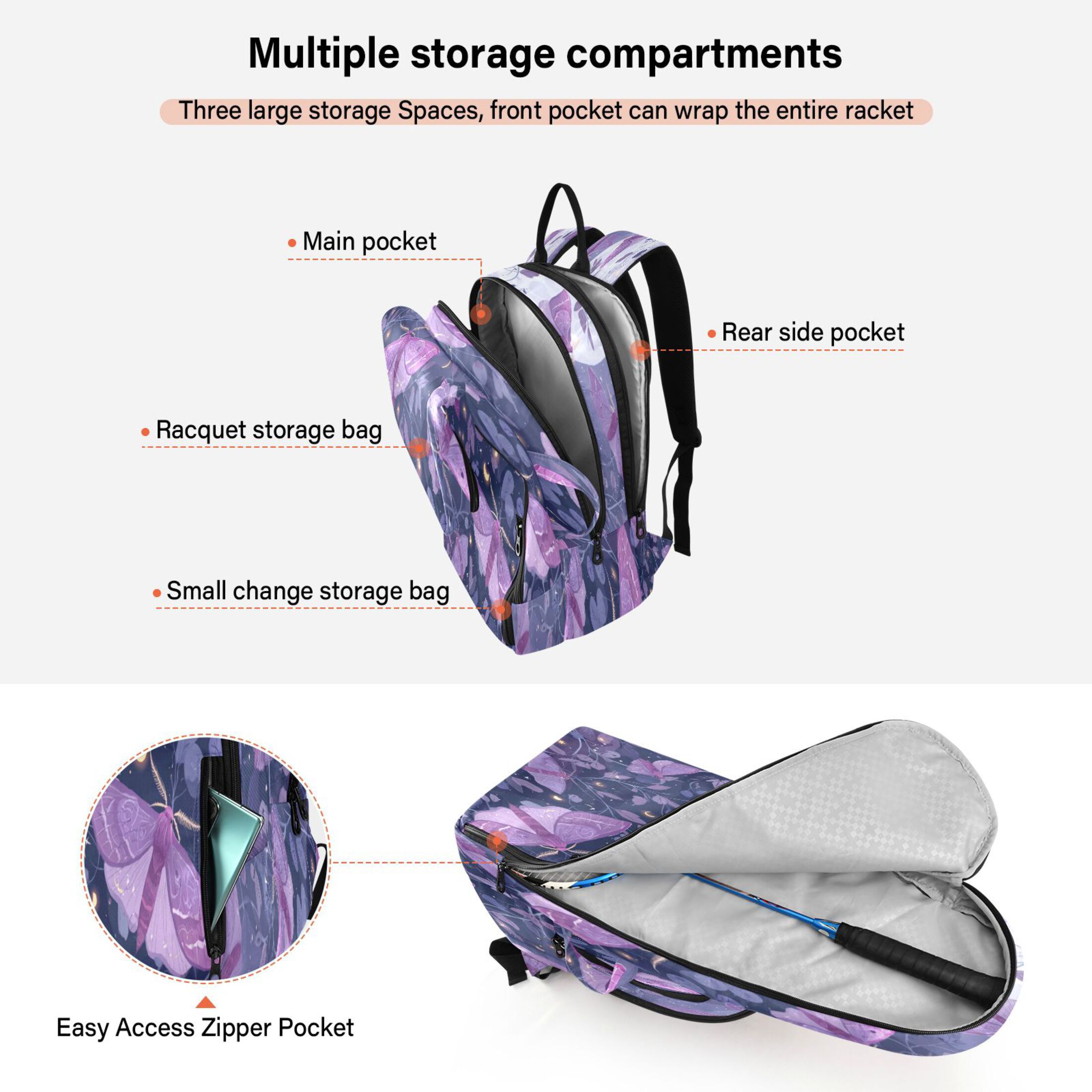2 Racquet Holder Tennis Backpack Tennis Racket Covers Gym Bags Purple Lilac Moths