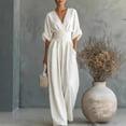 thumbnail image 3 of Women's Summer V-Neck Wide-Leg Jumpsuits, Batwing Sleeve Ruched Waist Maxi Jumpsuits, L, 3 of 7