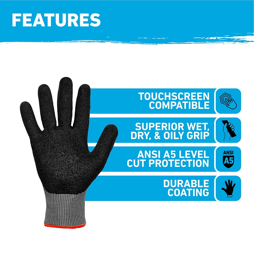 Gorilla Grip Work Glove, ANSI A5 Cut Resistant Nitrile Coated Men's Gloves, Superior Grip in Wet Conditions, Touchscreen, Gray, Large, 1 Pair