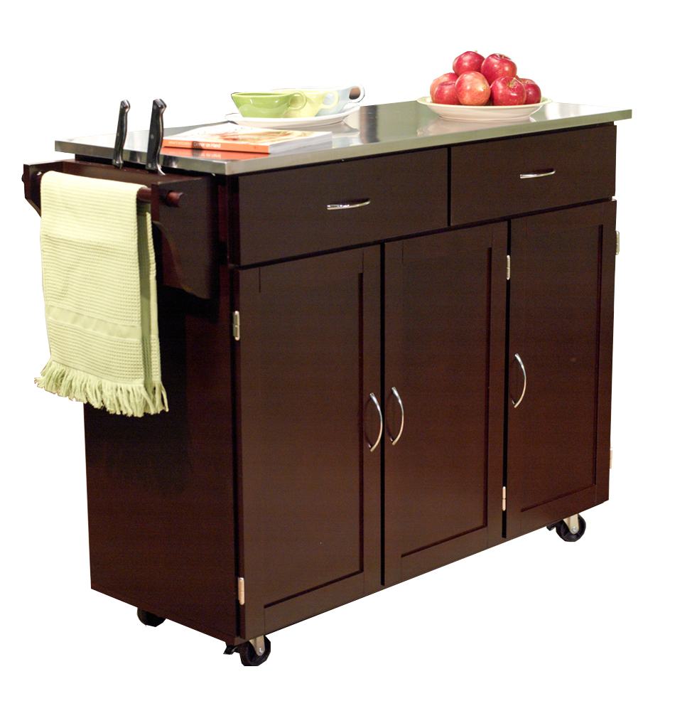 TMS Extra Large Rolling Kitchen Cart with Stainless Steel Top, Cabinets, Drawers, Adjustable Shelf, and Knife Block, Espresso