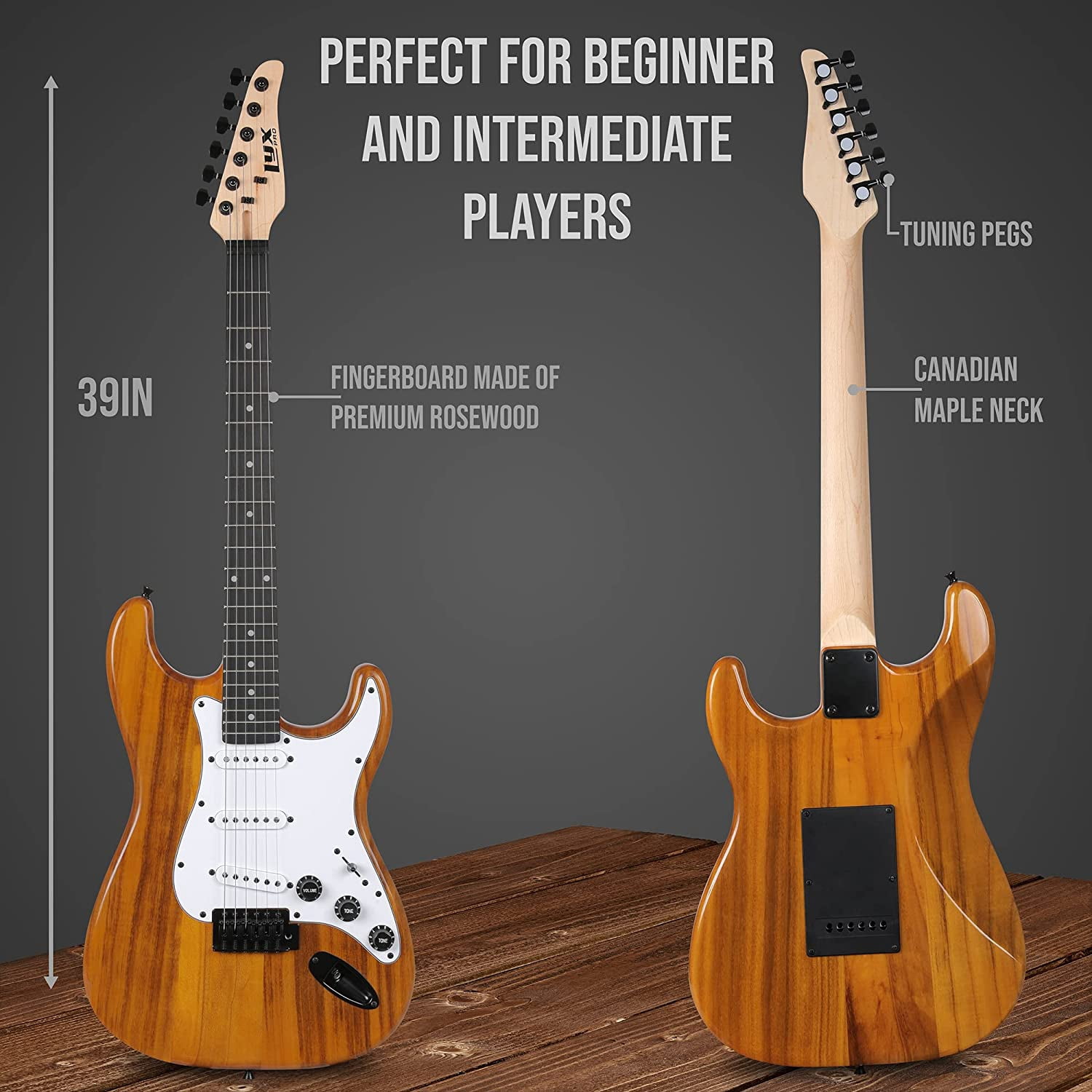 LyxPro Electric Guitar Kit with Mahogany Body, Amp, Cable, Picks & Guide