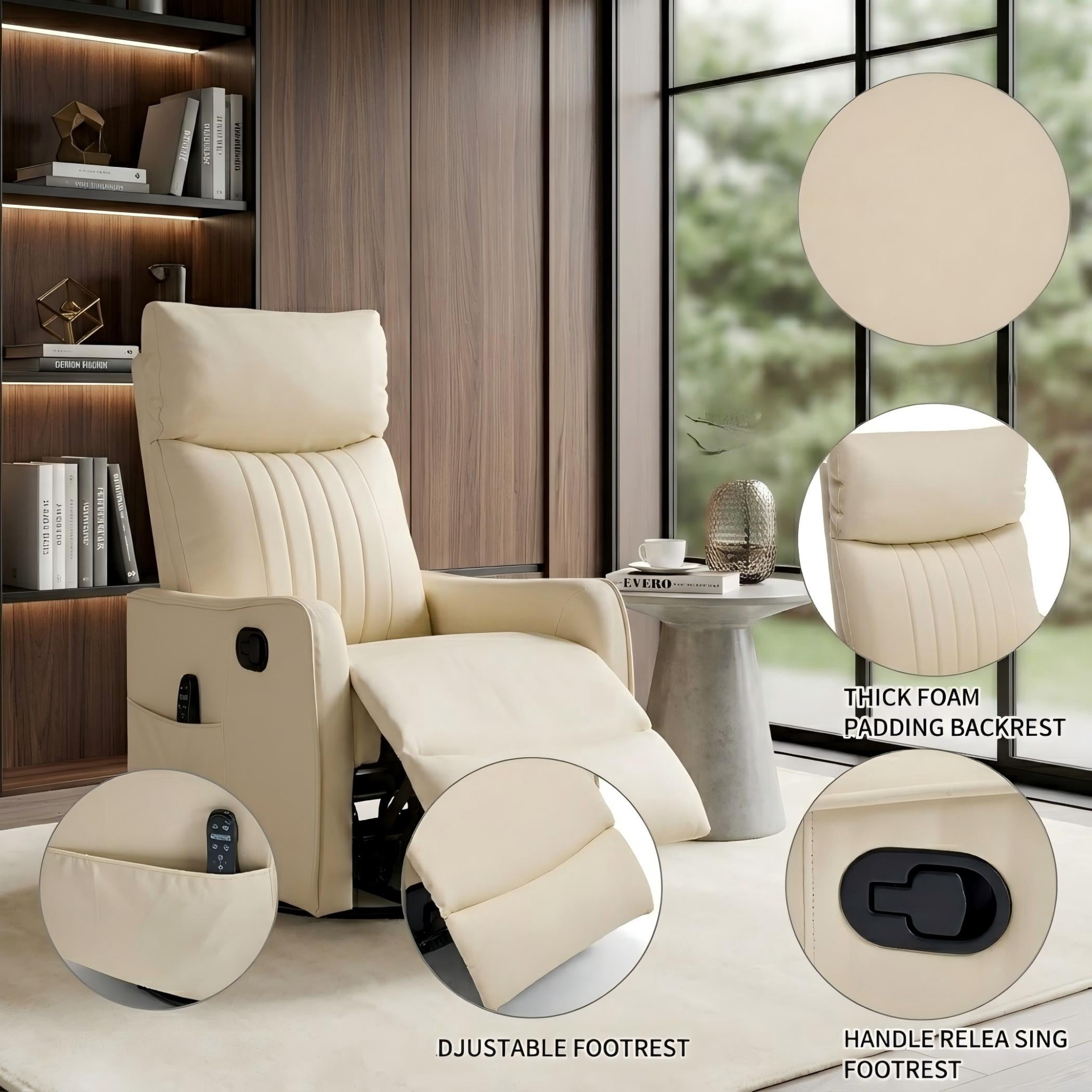 Aukfa Massage Recliner Chair with Heat, Faux Leather 360° Swivel Rocker Recliner, Overstuffed Manual Reclining Glider Chair with Vibration, Beige