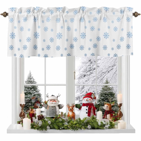 Christmas Blue Snowflake Valances for Windows, Winter Simple Rod Pocket Valance Short Window Treatments Curtains for Kitchen Bathroom Bedroom Decor, 54 x 18 In
