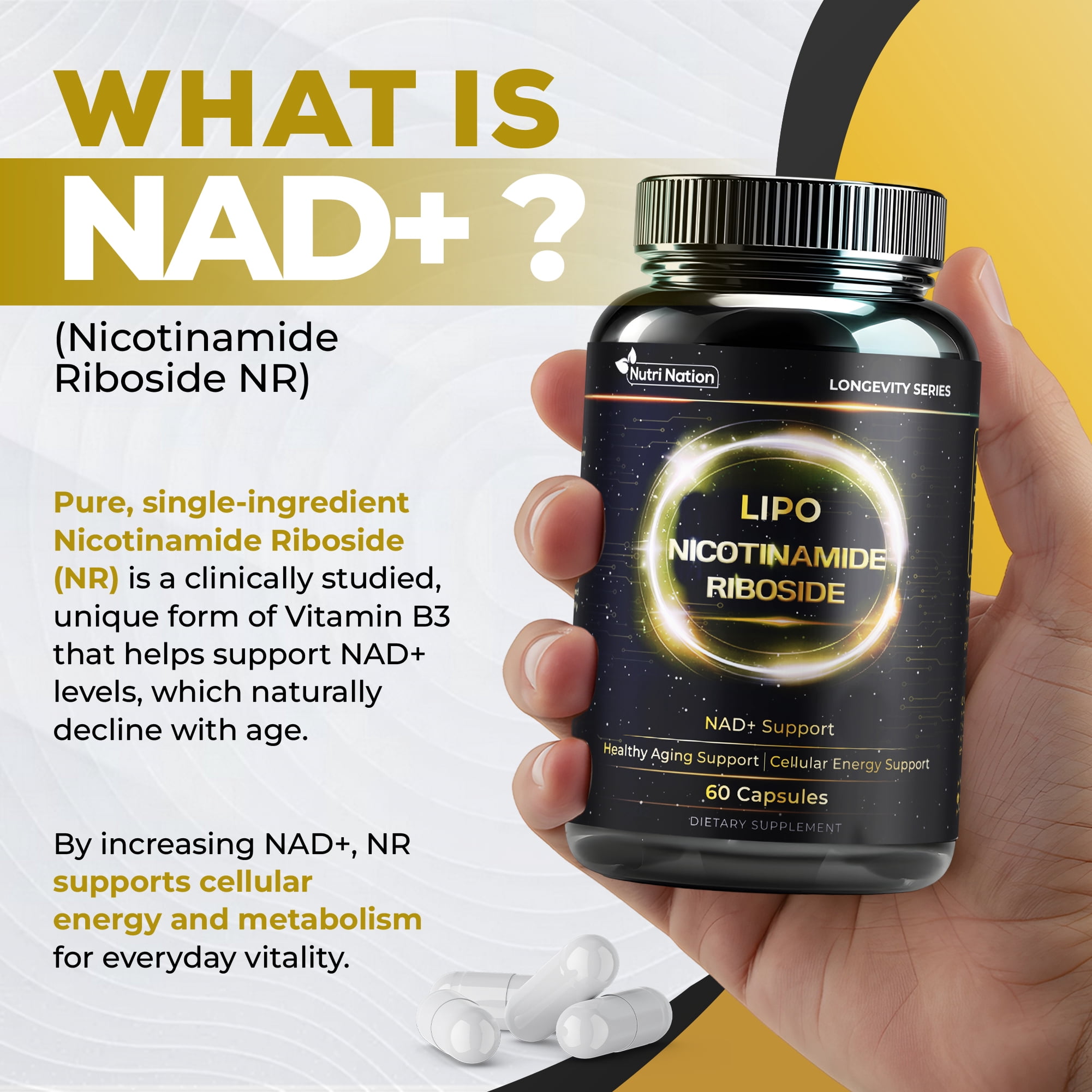 Nutri Nation Liposomal NAD Supplement Nicotinamide Riboside 500mg 120 ct, Energy and General Wellness 2 Bottle Bundle