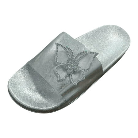OJSFQUFP Sandals Women Dressy Summer Women Slippers Summer New Pattern Bow Shiny Rhinestone Flat Bottom Non Slip Comfortable Casual Large Size Shoes Womens Slipper Silver 39