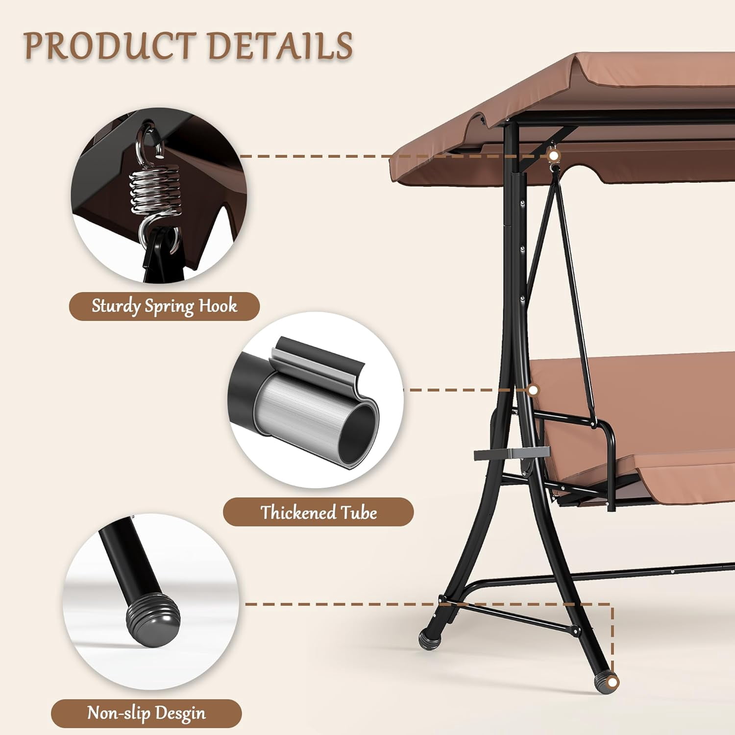 LAZZO 3-Seat Outdoor Porch Swing, Reclining Lounge Bed Convertible, Adjustable Canopy & Removable Cushions, Brown
