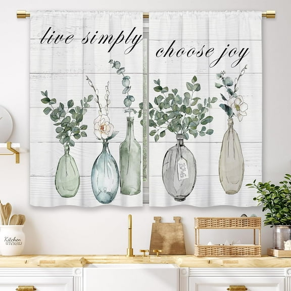 Eucalyptus Bottles Plant Kitchen Curtains Sage Green Leaf Botanical Small Short Cafe Window Curtains Farmhouse Rustic Floral Vase Bathroom Tier Window Treatment Drapes (27.5x36 Inch)