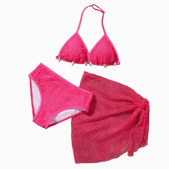 Kogui Bathing Suit for Teens Girls' Swimsuit Ruffles Bathing Suits 3 Piece Bikini Sets Girls' Swimwear with Cover Up Shorts Size 9-10 (Hot Pink,9-10 Years)