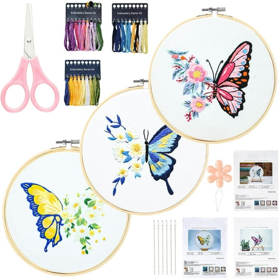 3 Pack Embroidery Kit for Beginners Adults, Cross Stitch Kits with Butterfly Patterns and Instructions, DIY Hand Crafts with Hoop Threads and Needles