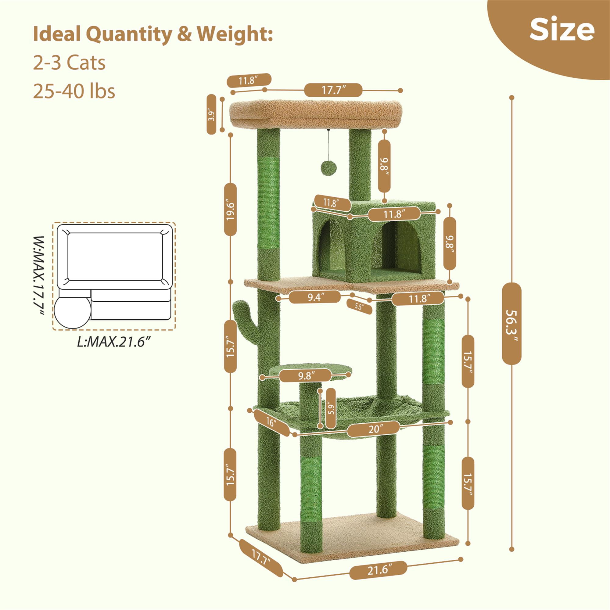 Kadyn 56" Wood Cat Tree Tower for Large Cats, Cat Tree House for Indoor Cats with Cozy Cat Condo, Super Large Hammock and Plush Perches, Dark Gray