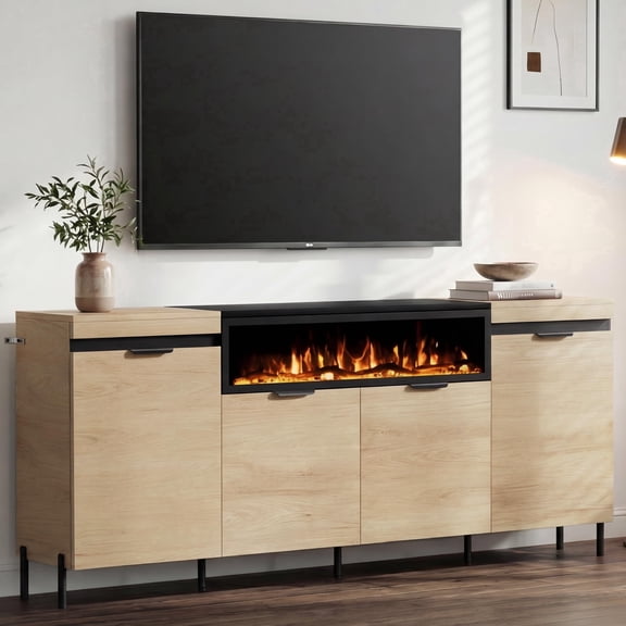 Kincubow 80 inch Sideboard Buffet Cabinet with 40 inch Fireplace Insert, Wood Storage Cabinet, Wood
