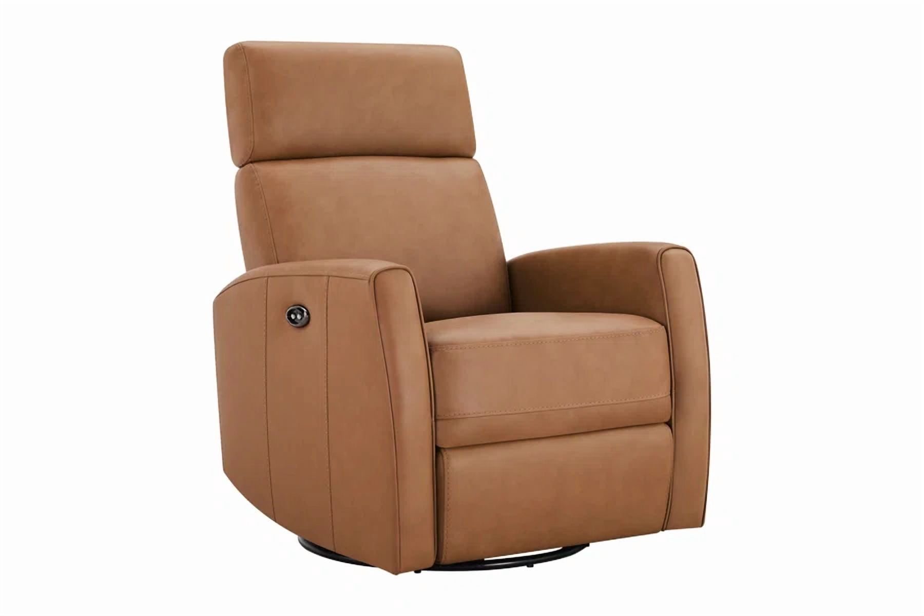 Spruce & Spring Premium Genuine Leather Power Swivel Glider Recliner With Dual Armrests 1 Piece Indoor Use Brown Fabric