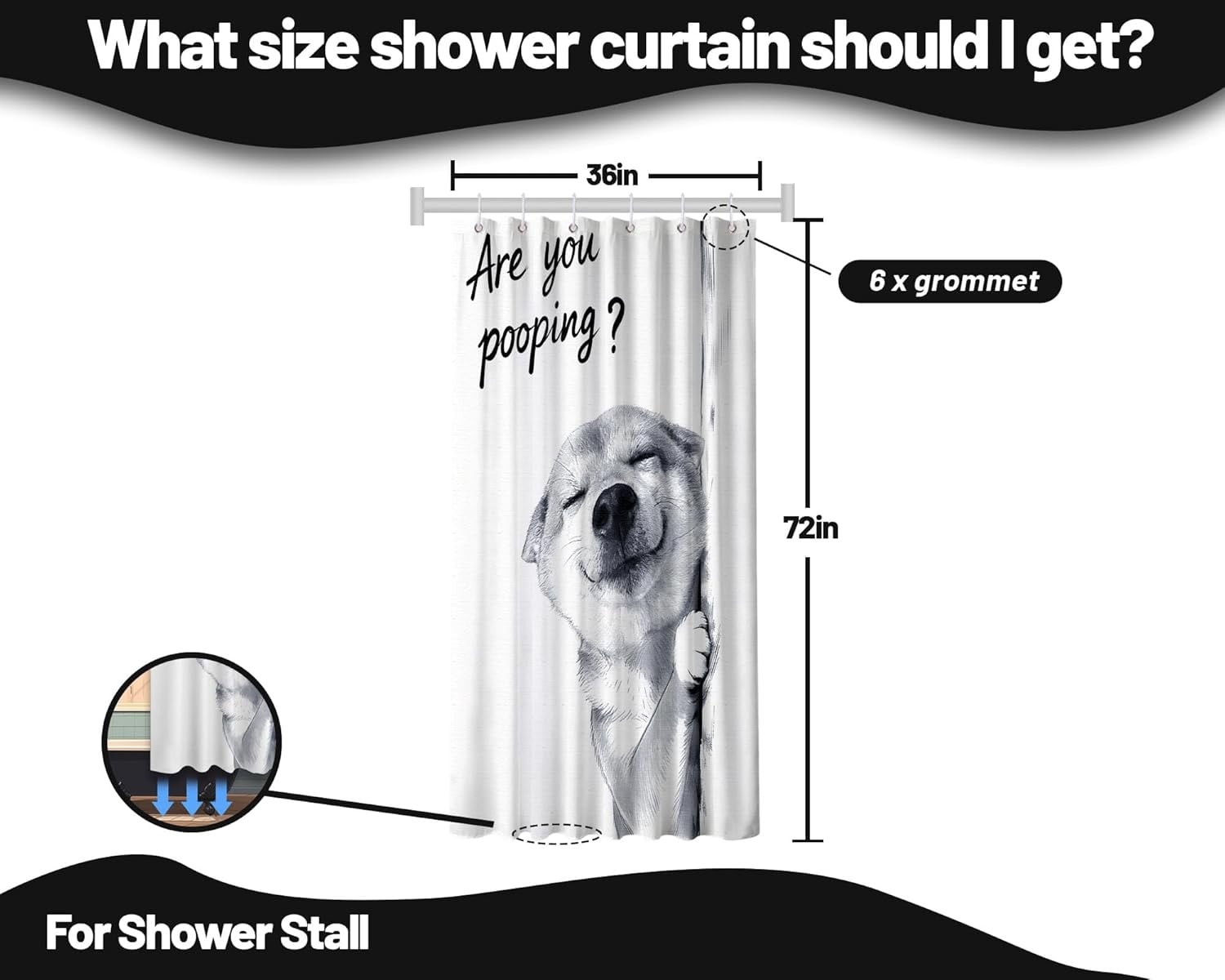 Funny Dog Shower Curtain Cool Shiba Inu Boys Silly Crazy Shower Curtains for Bathroom Decor Sets, Waterproof Cloth Fabric with Hooks, 36 x 72 Inch
