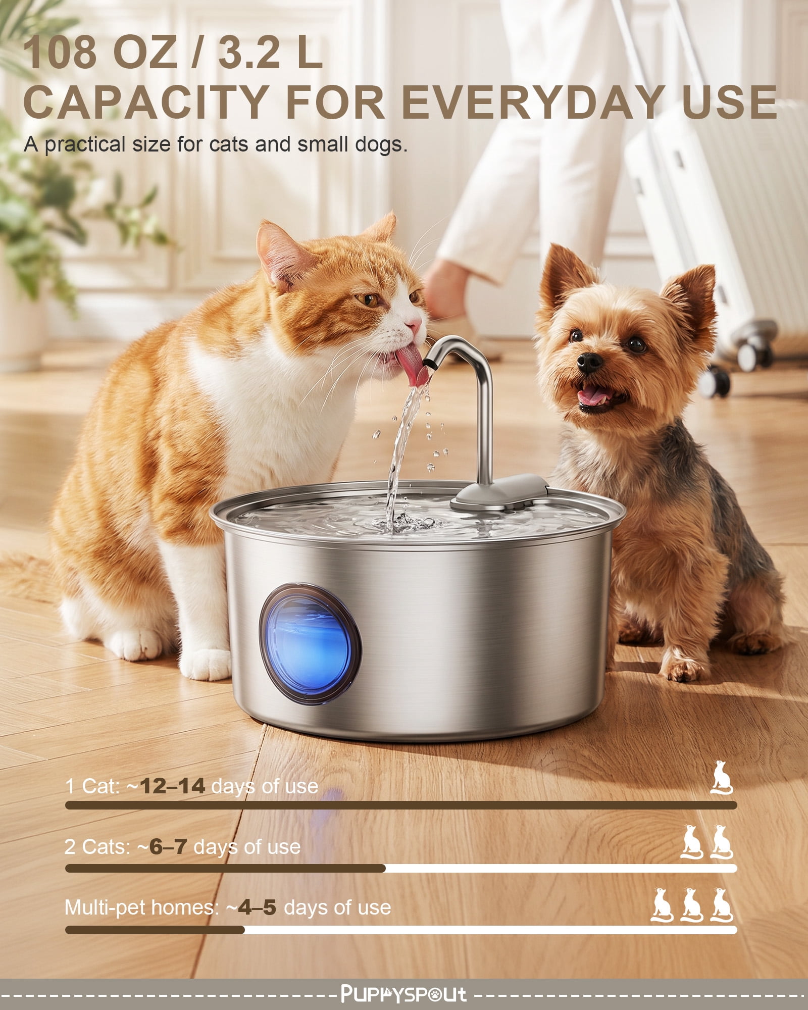 FWMB 108oz/3.2L Stainless Steel Cat Water Fountain with 3 Replacement Filters, Automatic Water Dispenser for Cat and Dogs, Electric Drinking Bowl Suitable for Multiple Pets