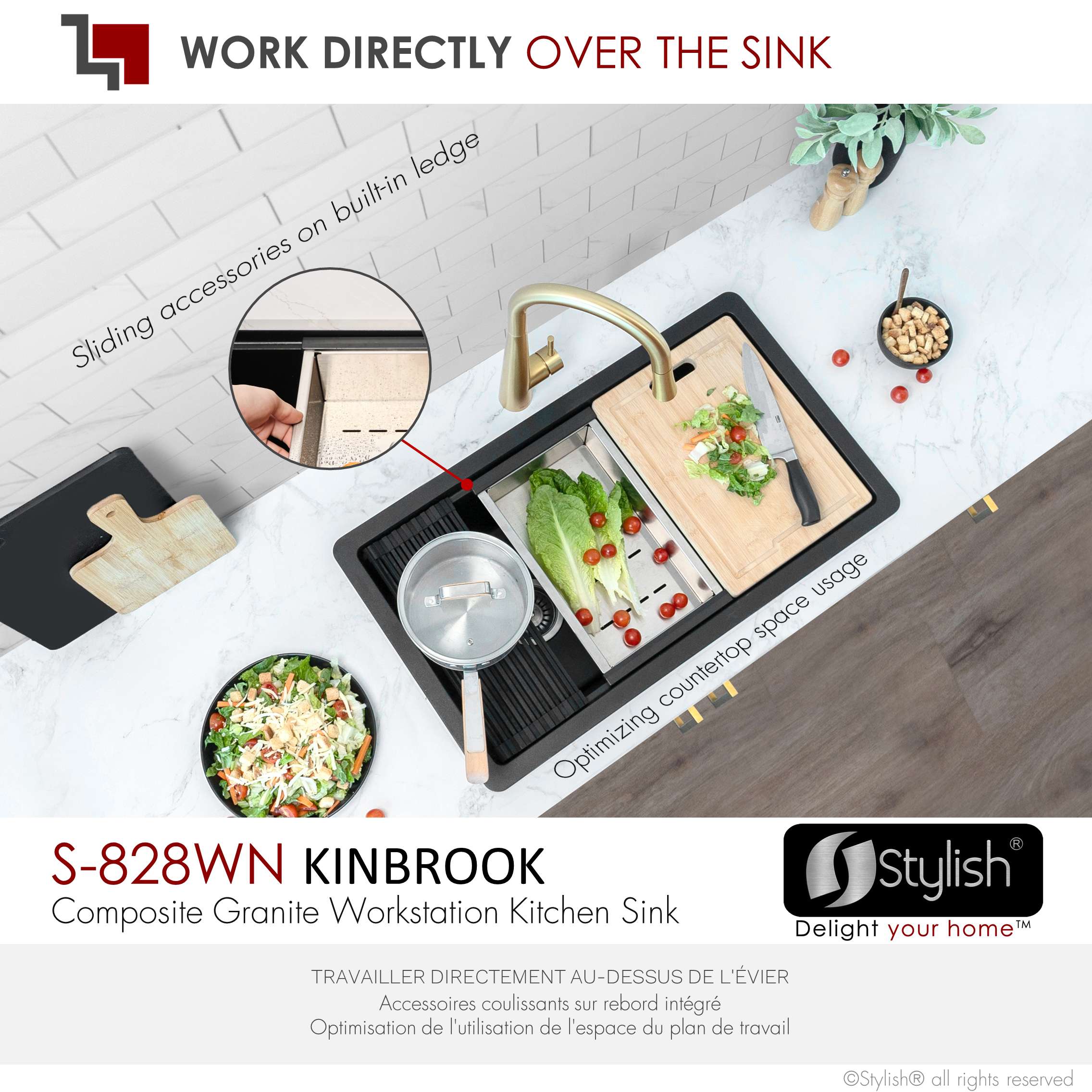 Stylish Dual Mount 28" Black Composite Granite Single Bowl Kitchen Sink with 4 accs S-828WN