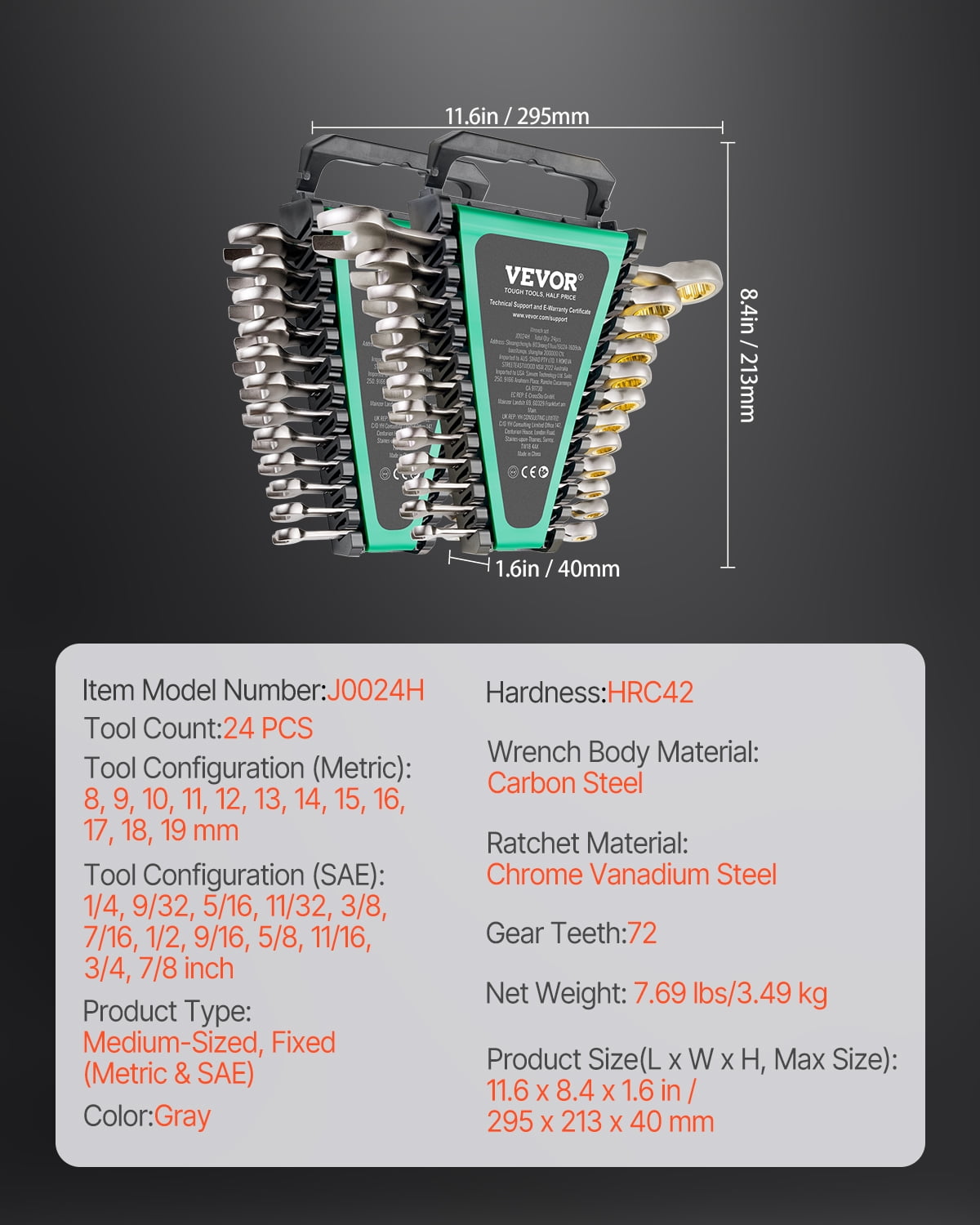 VEVOR Combination Wrench Set, 24-Piece Ratcheting Wrench Set with Organizer Rack, Cr-V Steel Wrench Set SAE 1/4" to 7/8", Metric 8 mm to 19 mm, Ideal for General Household, Auto Repairs, Emergency