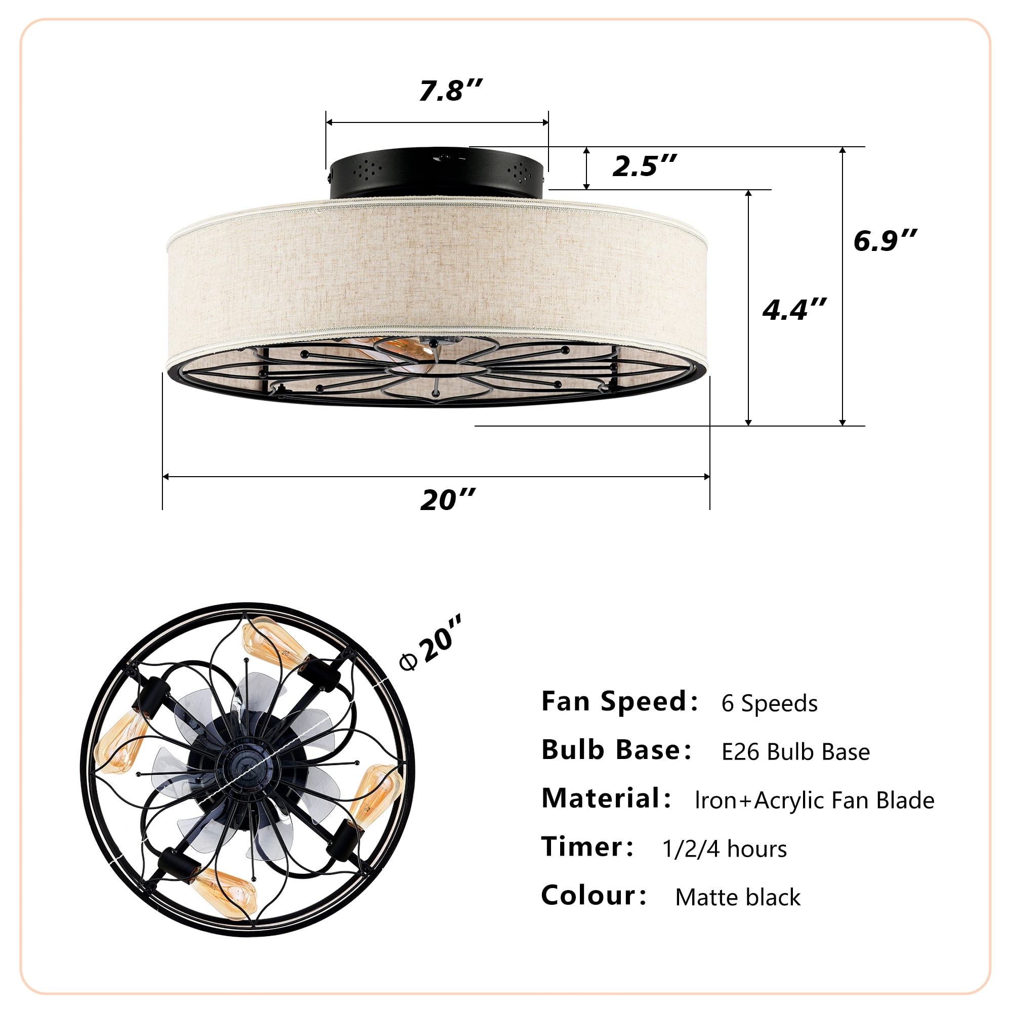 Leumius 20" Fabric Farmhouse Ceiling Fan with Light and Remote Control,Low Profile Modern Enclosed Ceiling Fans with Reversible Motor for Living Room,Bedroom,Kitchen Black (NOT Included Bulbs)