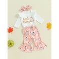thumbnail image 3 of Suealasg Baby Girl Halloween Clothes 3 6 12 18 Months Infant Girl Long Sleeve Letter Print Romper +Flower Pumpkin Print Flared Pants +Headband 3Pcs Casual Halloween Outfits for Newborn Girl, 3 of 8