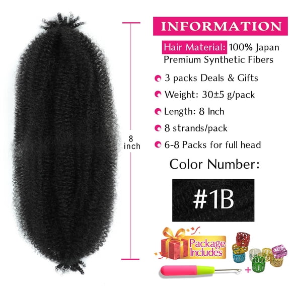 WEIF-Marley Twist Braiding Hair 8 Inch 3 Packs, Springy Afro Twist Hair Pre Fluffed Spring Twist Hair Pre Separated Wrapping Hair for Soft Locs Hair Extensions (8 Inch (Pack of 3), 1B#)