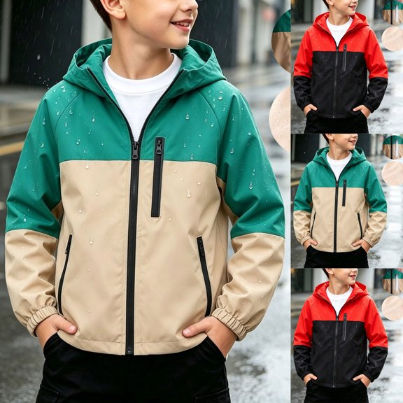 YUANxueke Boys Waterproof Windbreaker Full Zip Color Block Hooded Jacket with Zipper Pockets for 7-16 Years