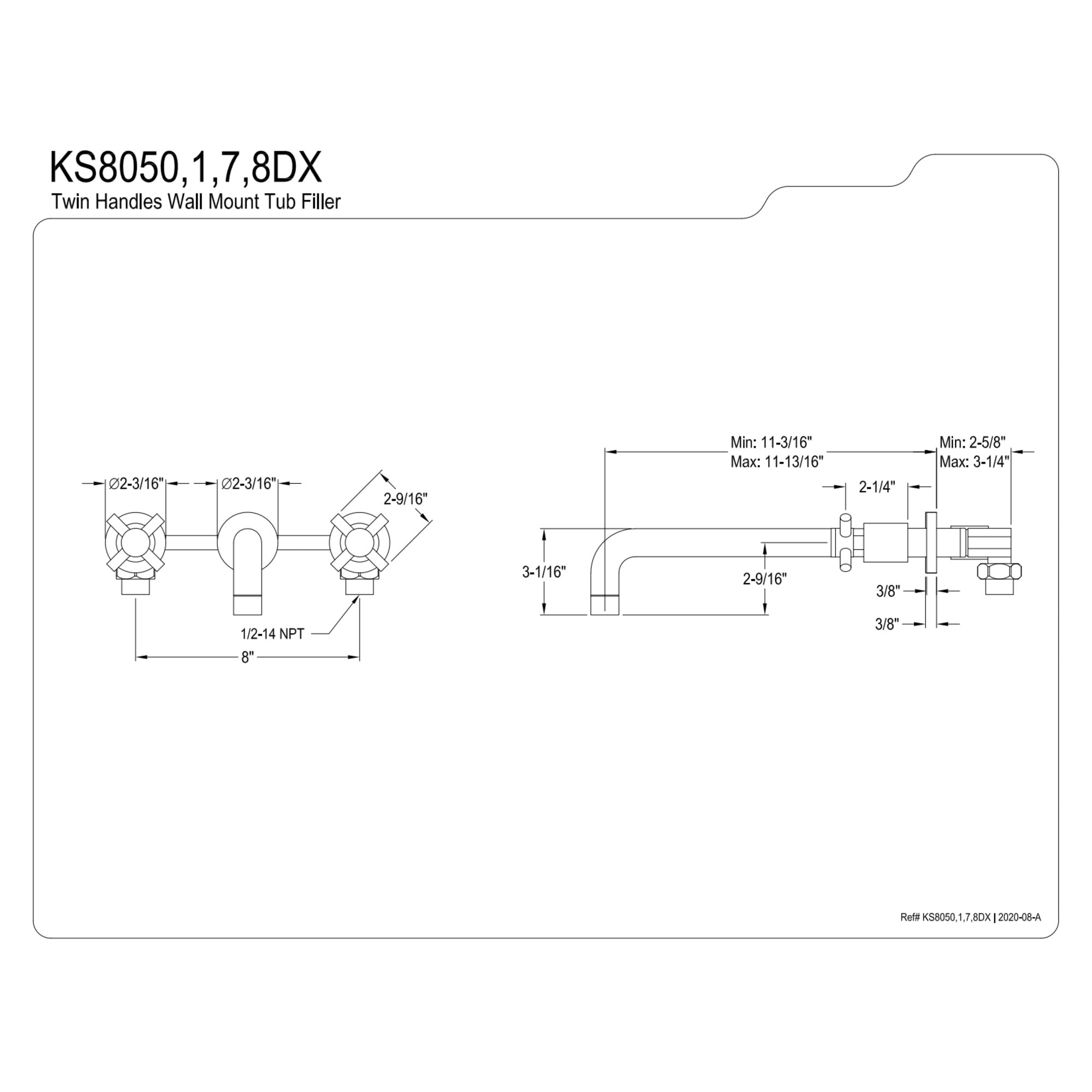 Kingston Brass KS8051DX Concord Two-Handle Wall Mount Roman Tub Faucet, Polished Chrome