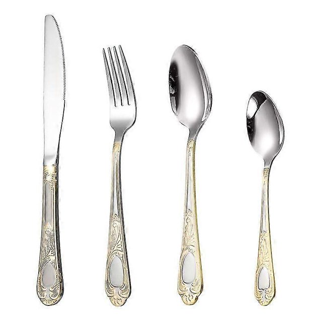 Cutlery set 4 pieces in gold stainless steel - Forks and spoons - Table knife - Nickel free - Silver