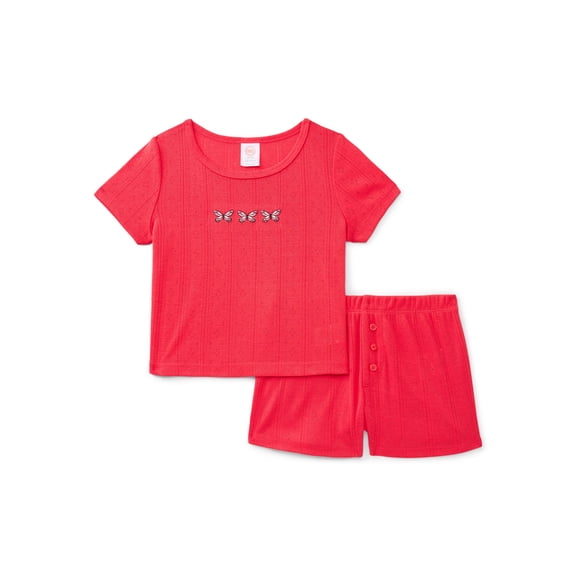 Wonder Nation Girls Pointelle Short Sleeve Top and Shorts Pajama Set, 2-Piece, Sizes 4-18
