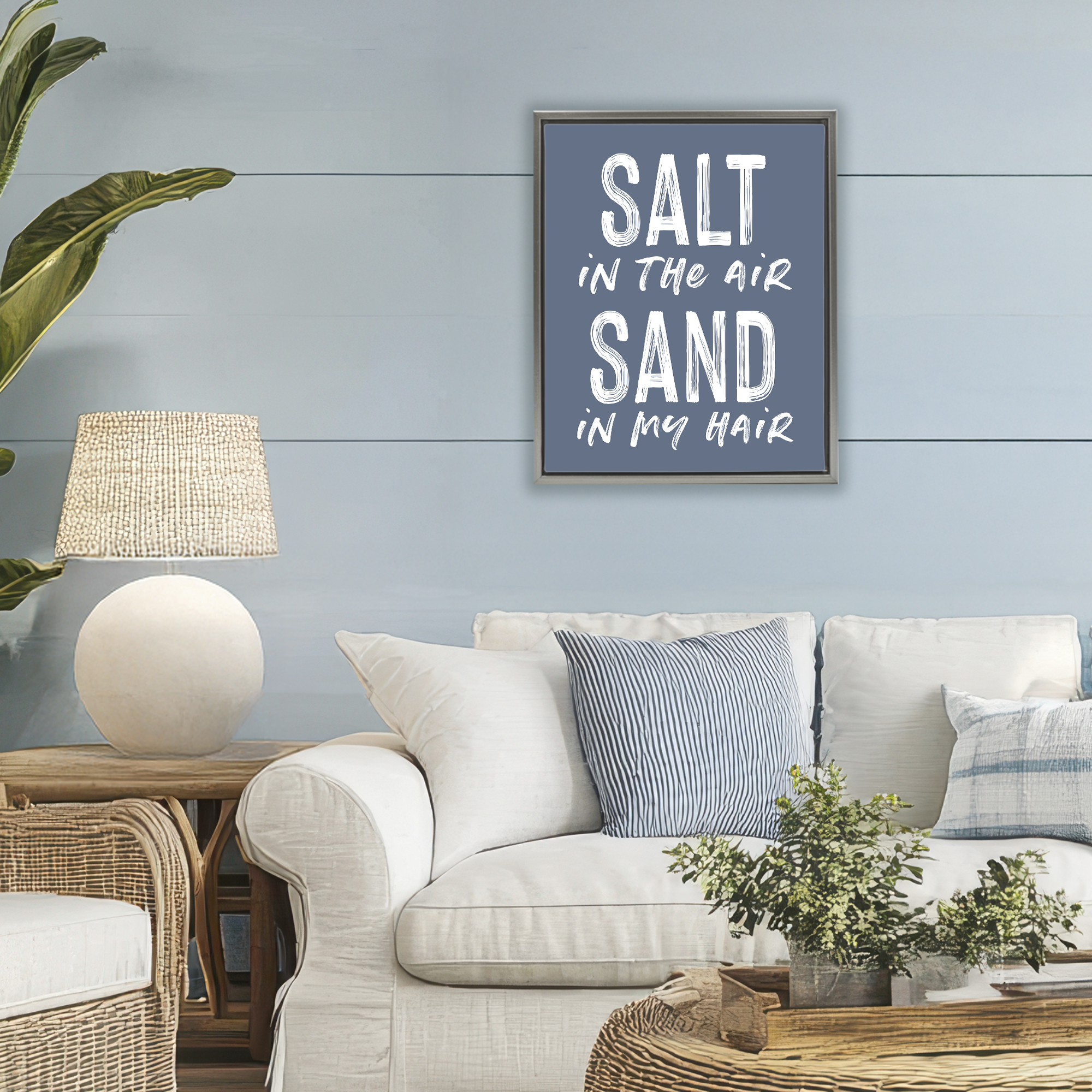 Summer Sentiment Salt Sand In Hair Gray Framed Floater Canvas Wall Art, design by Lettered and Lined