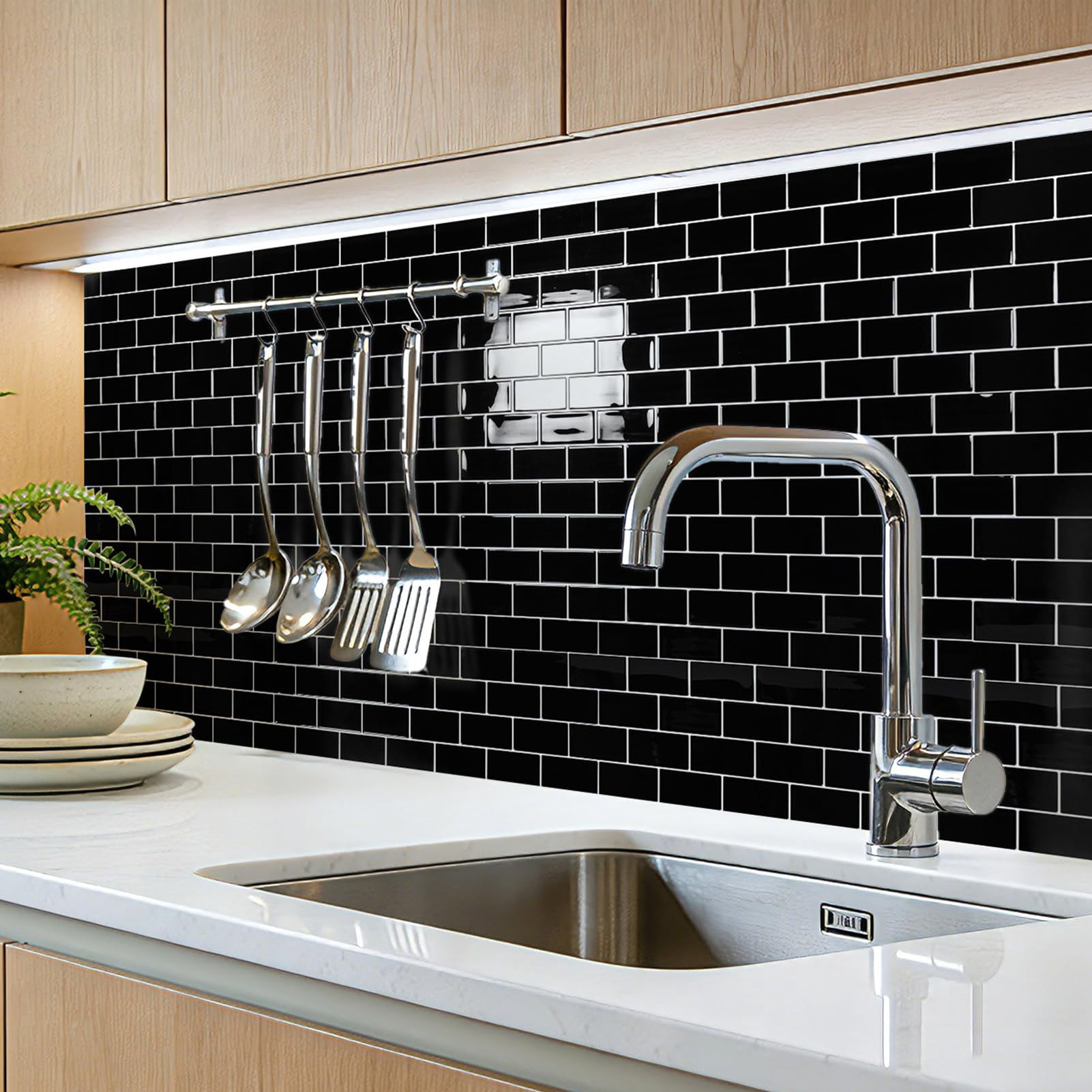 Peel And Stick Black With Grout Wall Tiles - 10-pack Of 12 X12 Thickened Design Backsplash  Self-adhesive Tile For Kitchen & Bathroom Decor