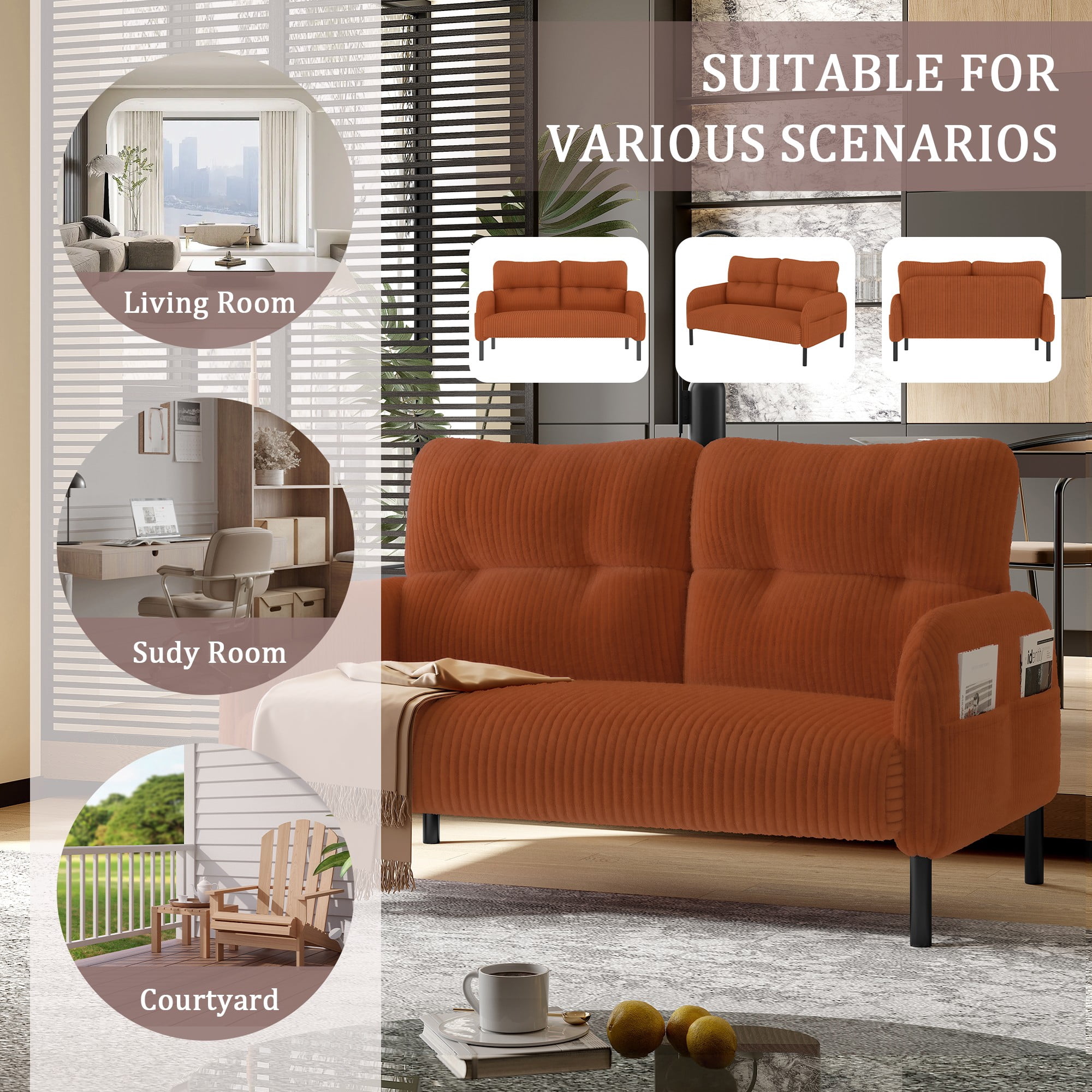 47" Small Loveseat Sofa Couch for Small Spaces,Corduroy Upholstered 2-Seater Love Seats for Apartment, Bedroom,Office,Orange