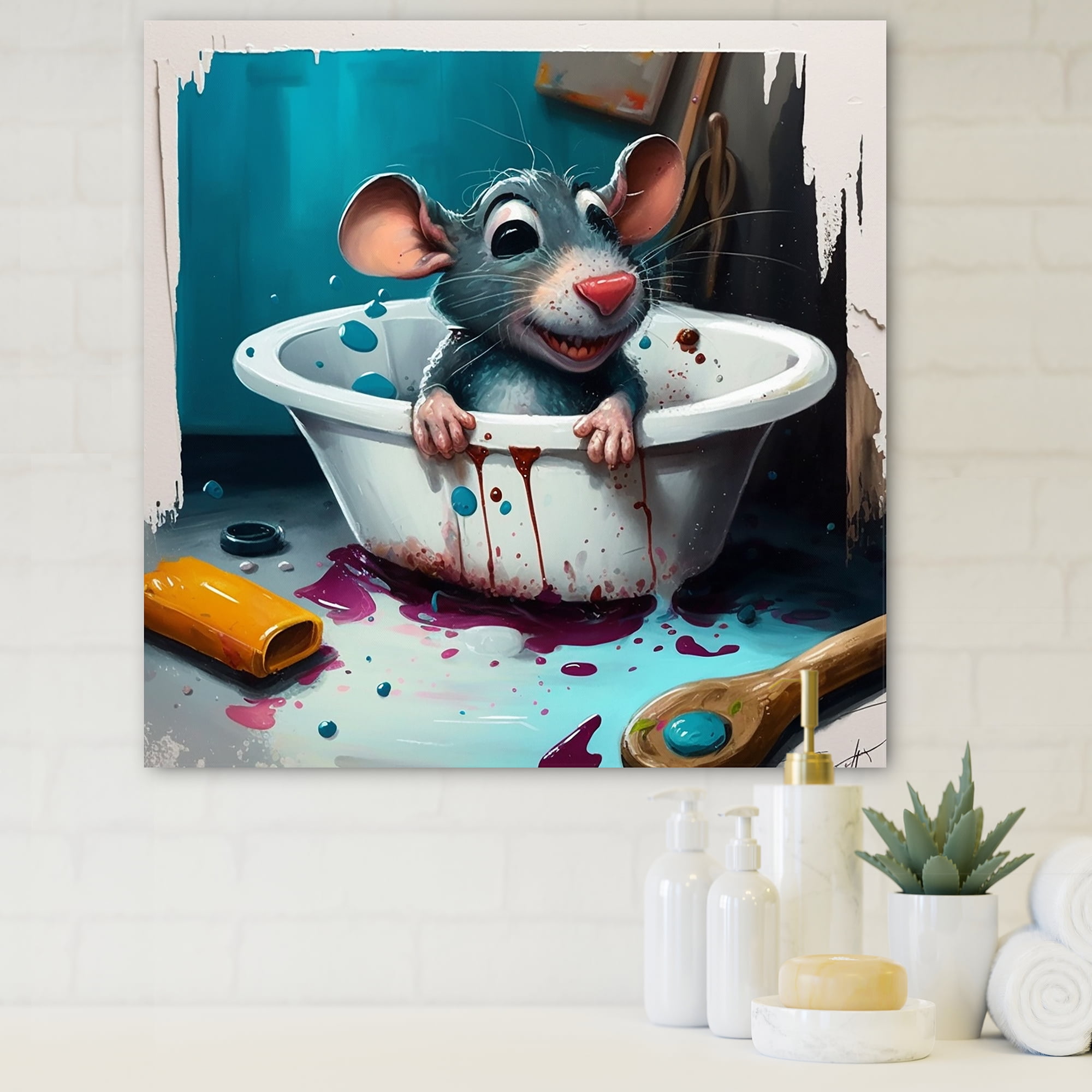 Designart Silly Mouse Enjoying His Bath Canvas Wall Art