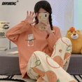 thumbnail image 1 of Conjunto de pijama de algodón con dibujos animados para mujer, ropa de dormir Coreana de manga larga con cuello redondo, bonita para ocio, 1 of 4
