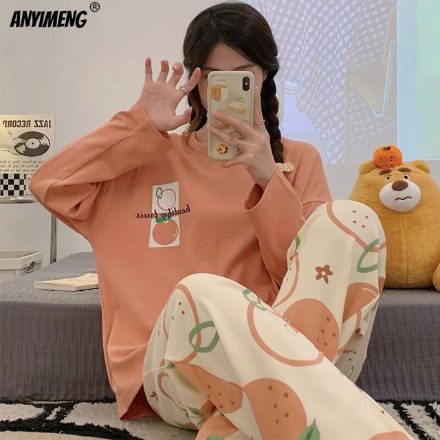 Conjunto de pijama de algodón con dibujos animados para mujer, ropa de dormir Coreana de manga larga con cuello redondo, bonita para ocio