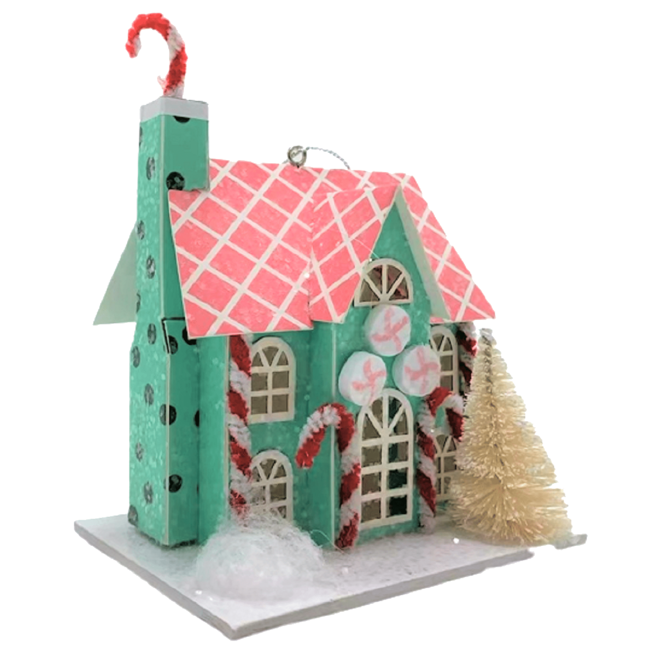 Holiday Time Paper Candy House Ornament. Ho Ho Ho Theme. Pink & Teal Color House. Paper House Ornament.