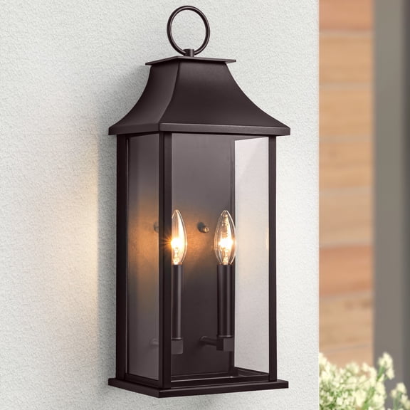 Lawyettle 20.6" Dusk to Dawn Outdoor Wall Light, 2-Light Large Bronze Wall Sconce with Glass, Waterproof Exterior Light Fixture for House, Porch, Garage