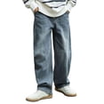 thumbnail image 2 of Boys Wide Leg Jeans, Solid Color Loose Straight Leg Full Length, Casual Fashion Denim Pants For Kids Blue 10-11Years, 2 of 7