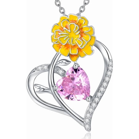 SISGEM Birth Flower Necklaces 925 Sterling Silver Birthstone Necklace Birth Month Flower Necklace for Women Floral Heart Pendant Jewelry Birthday Gifts for Mother Wife Friends