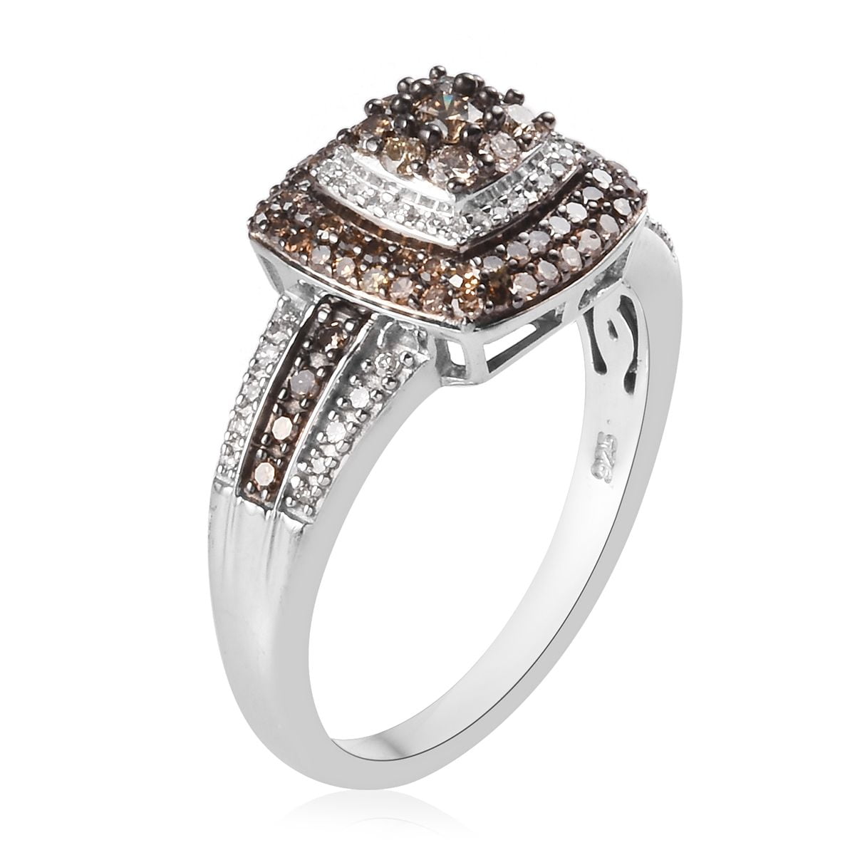 925 Sterling Silver Platinum Rhodium Plated Round Champagne Red Diamond Cluster Ring Wedding Anniversary Jewelry for Women Ct 0.3 I3 Clarity