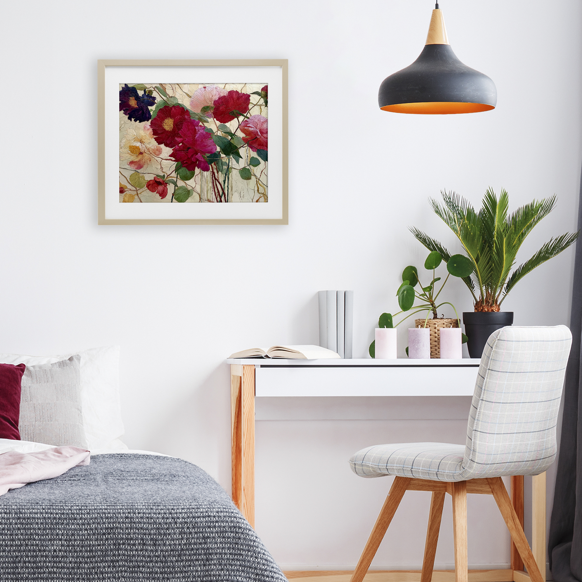 Haiku Flower Vase Birch Framed Print Under Glass, design by Annabelle Hall