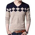 thumbnail image 3 of SPRING PARK Chic Men's V Neck Casual Geometric Pattern Long Sleeve Color Block Pullover Knitwear Elastic Slim Sweater, 3 of 7